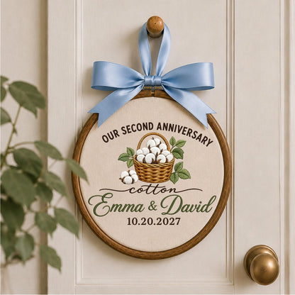Personalized 2nd Anniversary Embroidered Ornament, Cotton Anniversary Gift for Couple, Custom Names Wedding Keepsake, Second Anniversary