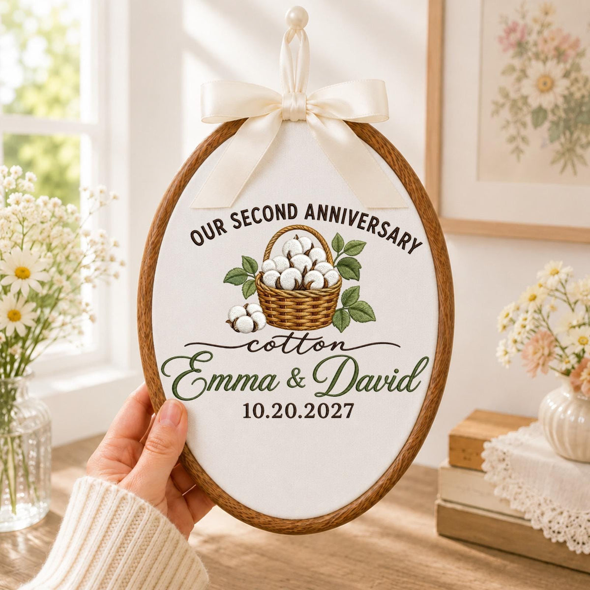 Personalized 2nd Anniversary Embroidered Ornament, Cotton Anniversary Gift for Couple, Custom Names Wedding Keepsake, Second Anniversary
