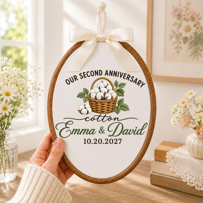 Personalized 2nd Anniversary Embroidered Ornament, Cotton Anniversary Gift for Couple, Custom Names Wedding Keepsake, Second Anniversary
