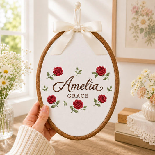 Personalized Rose Name Embroidered Ornament, Custom Floral Baby Name Hoop, Red Rose Nursery Decor, Personalized Girl Keepsake, Baby Shower