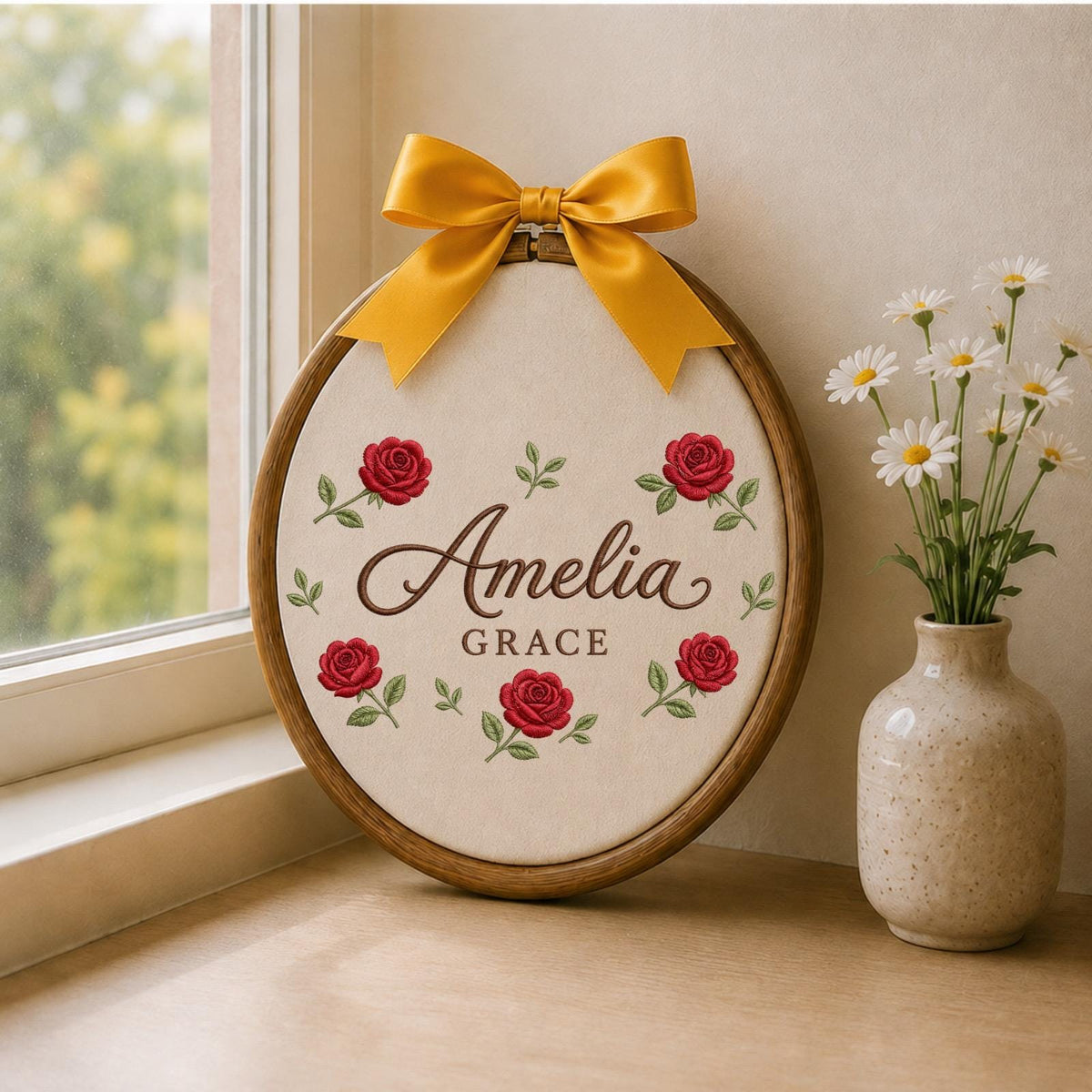Personalized Rose Name Embroidered Ornament, Custom Floral Baby Name Hoop, Red Rose Nursery Decor, Personalized Girl Keepsake, Baby Shower