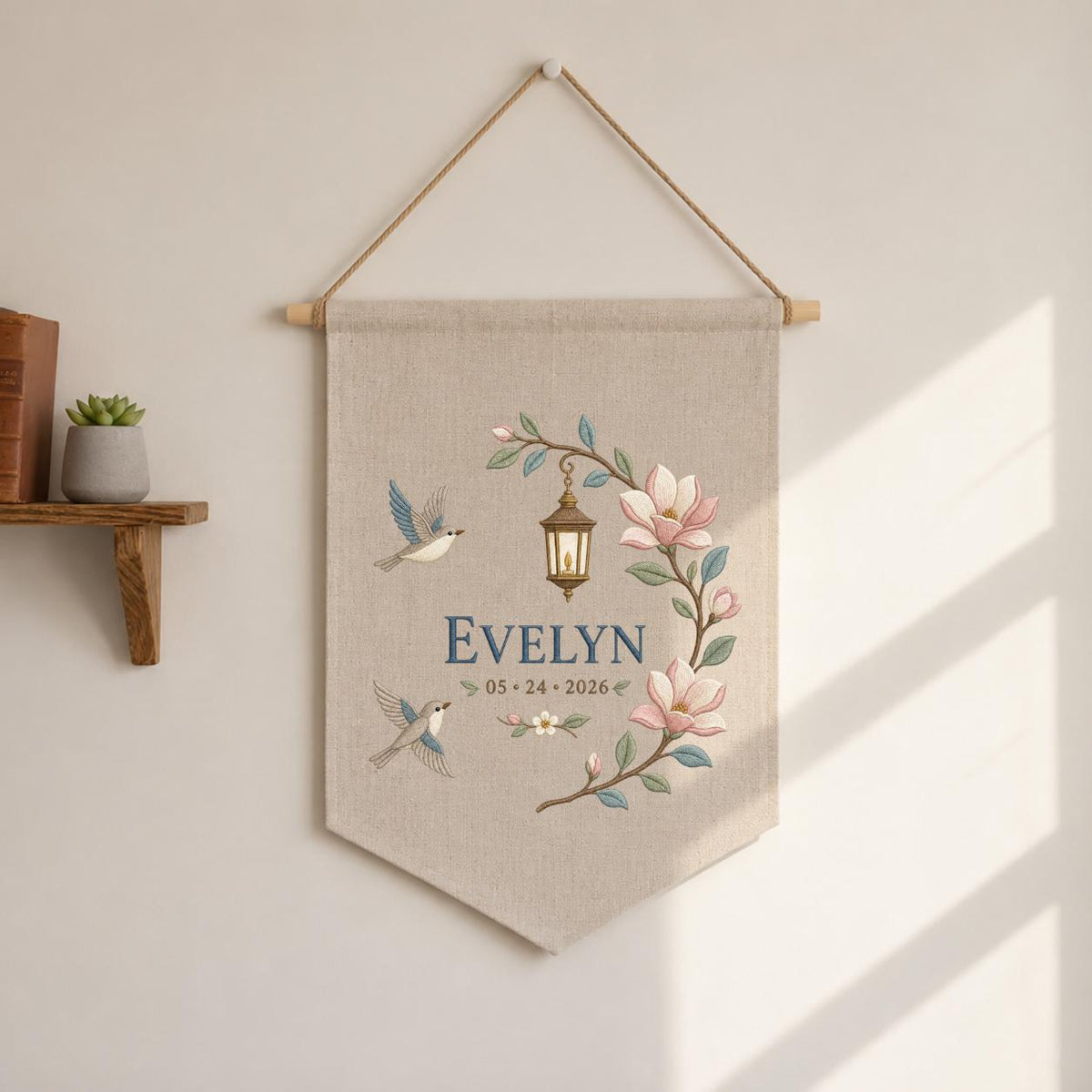 Personalized Hummingbird Wall Hanging, Evelyn Floral Banner, Magnolia and Lantern Embroidery Pennant, Custom Name Date Garden Decor