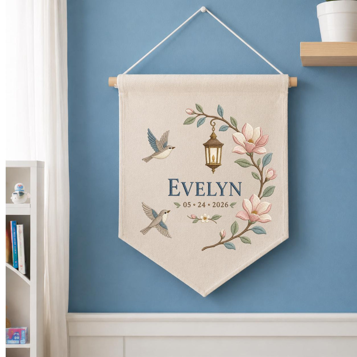 Personalized Hummingbird Wall Hanging, Evelyn Floral Banner, Magnolia and Lantern Embroidery Pennant, Custom Name Date Garden Decor