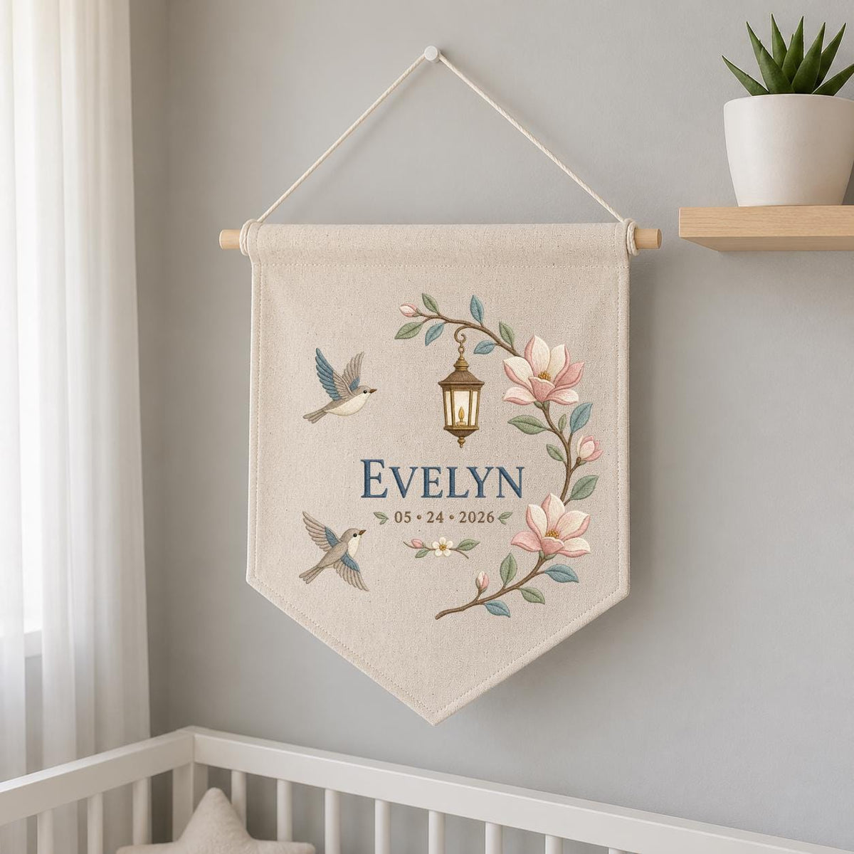 Personalized Hummingbird Wall Hanging, Evelyn Floral Banner, Magnolia and Lantern Embroidery Pennant, Custom Name Date Garden Decor