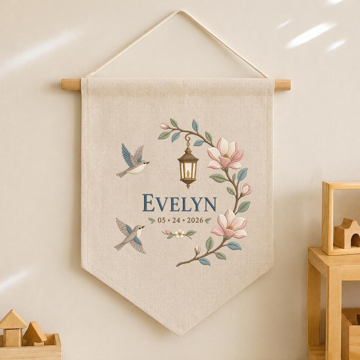 Personalized Hummingbird Wall Hanging, Evelyn Floral Banner, Magnolia and Lantern Embroidery Pennant, Custom Name Date Garden Decor