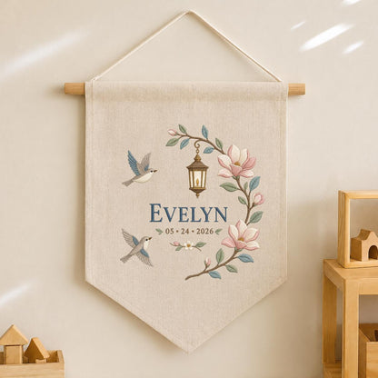 Personalized Hummingbird Wall Hanging, Evelyn Floral Banner, Magnolia and Lantern Embroidery Pennant, Custom Name Date Garden Decor