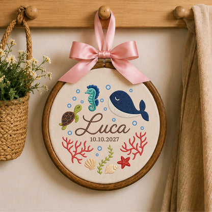 Personalized Ocean Baby Embroidered Ornament, Custom Whale Name Hoop, Under the Sea Nursery Decor, Sea Turtle Baby Keepsake, Newborn Gift
