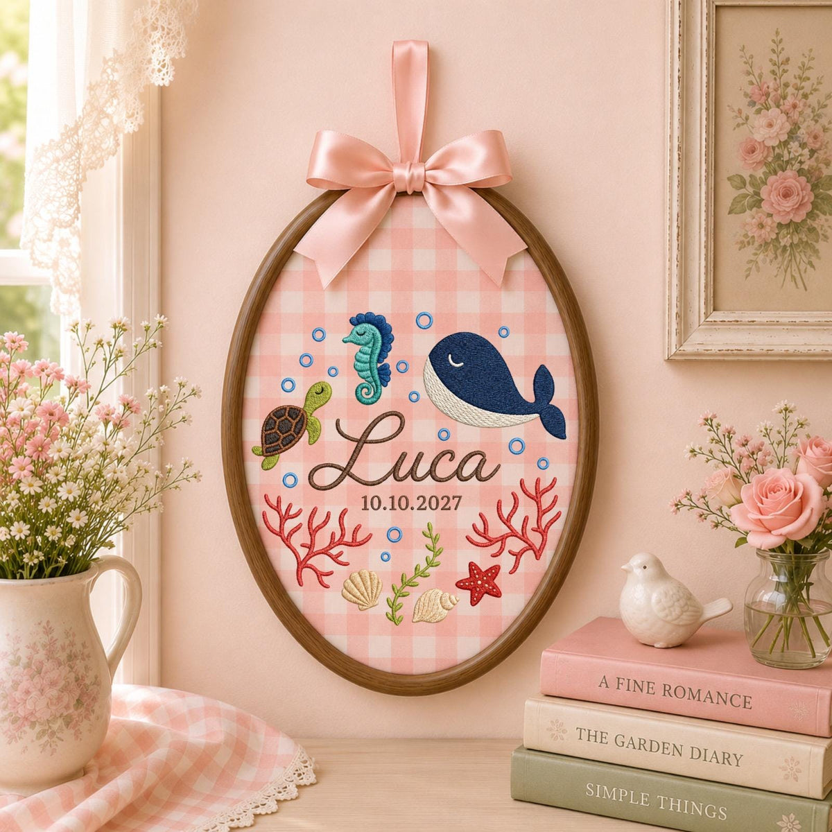 Personalized Ocean Baby Embroidered Ornament, Custom Whale Name Hoop, Under the Sea Nursery Decor, Sea Turtle Baby Keepsake, Newborn Gift