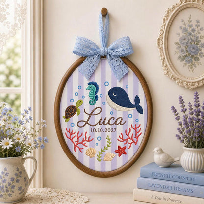 Personalized Ocean Baby Embroidered Ornament, Custom Whale Name Hoop, Under the Sea Nursery Decor, Sea Turtle Baby Keepsake, Newborn Gift