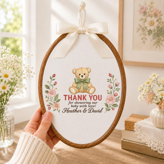 Personalized Baby Shower Thank You Embroidered Ornament, Custom Teddy Bear Floral Hoop, Baby Shower Hostess Gift, New Parents Keepsake