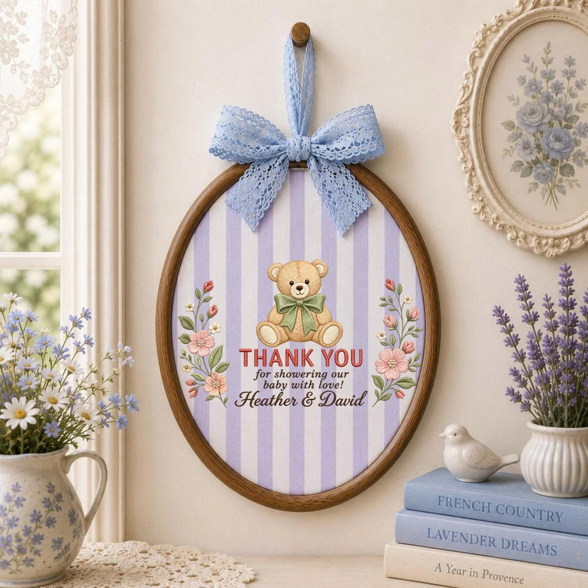 Personalized Baby Shower Thank You Embroidered Ornament, Custom Teddy Bear Floral Hoop, Baby Shower Hostess Gift, New Parents Keepsake