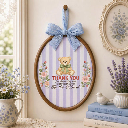 Personalized Baby Shower Thank You Embroidered Ornament, Custom Teddy Bear Floral Hoop, Baby Shower Hostess Gift, New Parents Keepsake