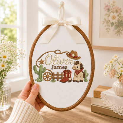 Personalized Cowboy Baby Embroidered Ornament, Custom Western Name Hoop, Horse Nursery Decor, Baby Boy Keepsake, Cowboy Baby Gift