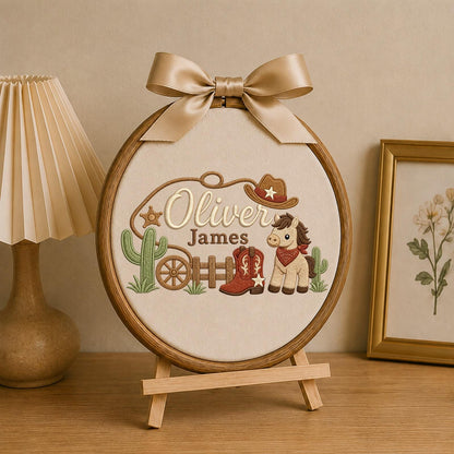 Personalized Cowboy Baby Embroidered Ornament, Custom Western Name Hoop, Horse Nursery Decor, Baby Boy Keepsake, Cowboy Baby Gift