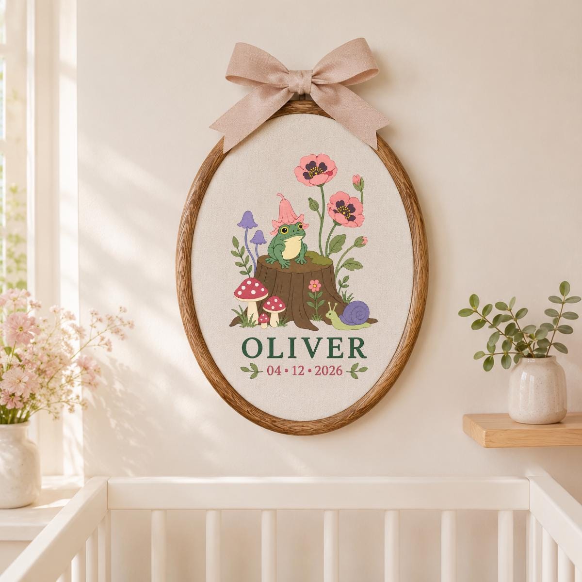 Personalized Frog Embroidery Hoop, Oliver Witch Hat Wall Hanging, Mushroom and Snail Woodland Decor, Custom Name Date Gift