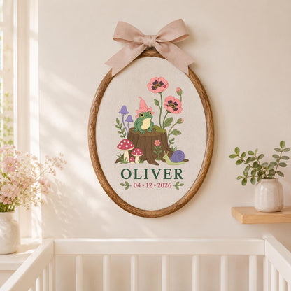 Personalized Frog Embroidery Hoop, Oliver Witch Hat Wall Hanging, Mushroom and Snail Woodland Decor, Custom Name Date Gift