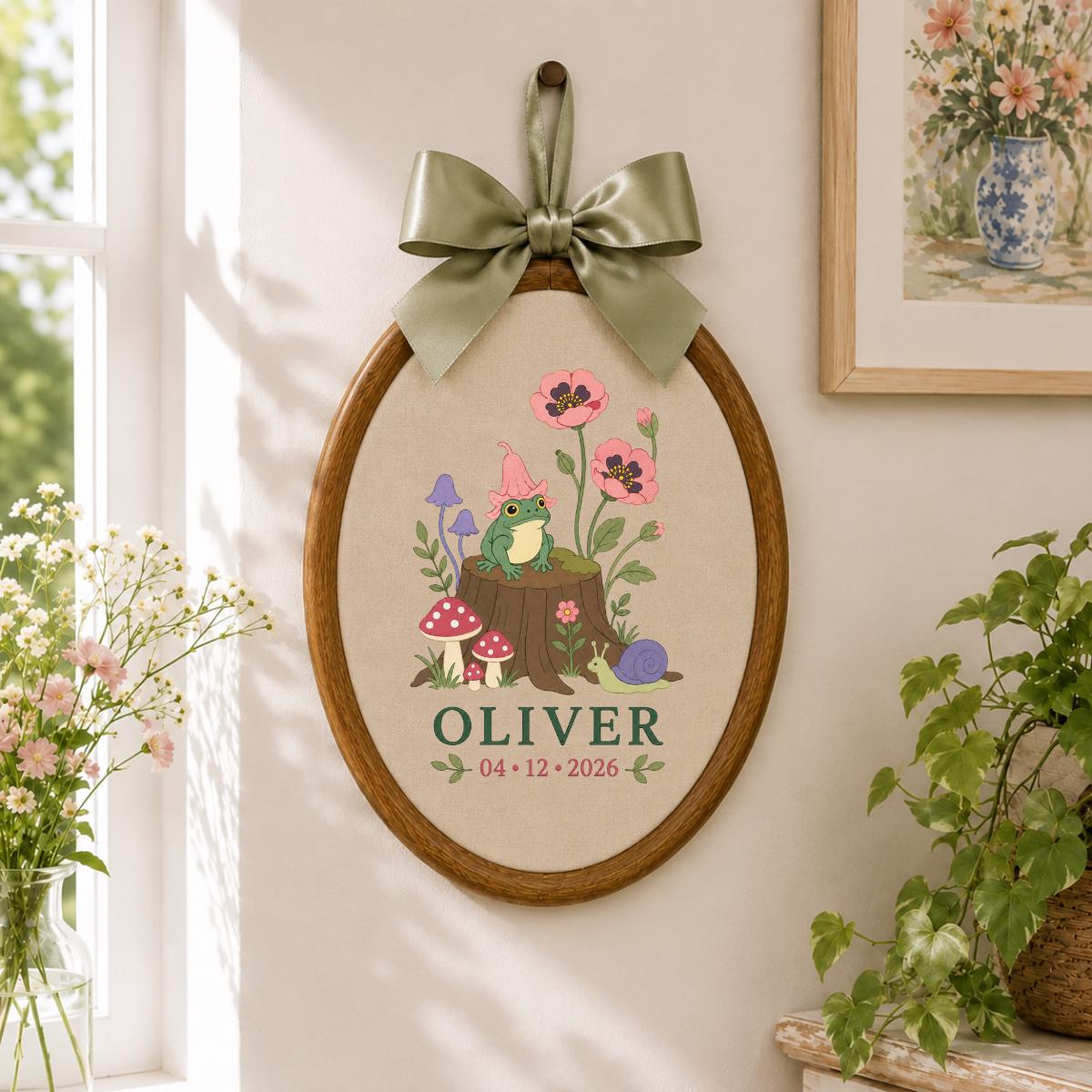 Personalized Frog Embroidery Hoop, Oliver Witch Hat Wall Hanging, Mushroom and Snail Woodland Decor, Custom Name Date Gift