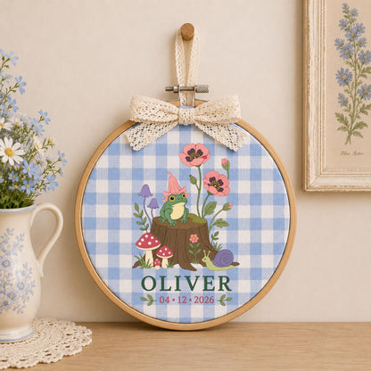 Personalized Frog Embroidery Hoop, Oliver Witch Hat Wall Hanging, Mushroom and Snail Woodland Decor, Custom Name Date Gift