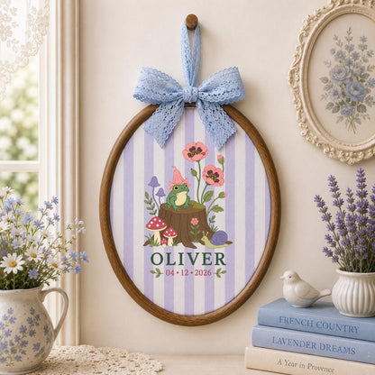 Personalized Frog Embroidery Hoop, Oliver Witch Hat Wall Hanging, Mushroom and Snail Woodland Decor, Custom Name Date Gift