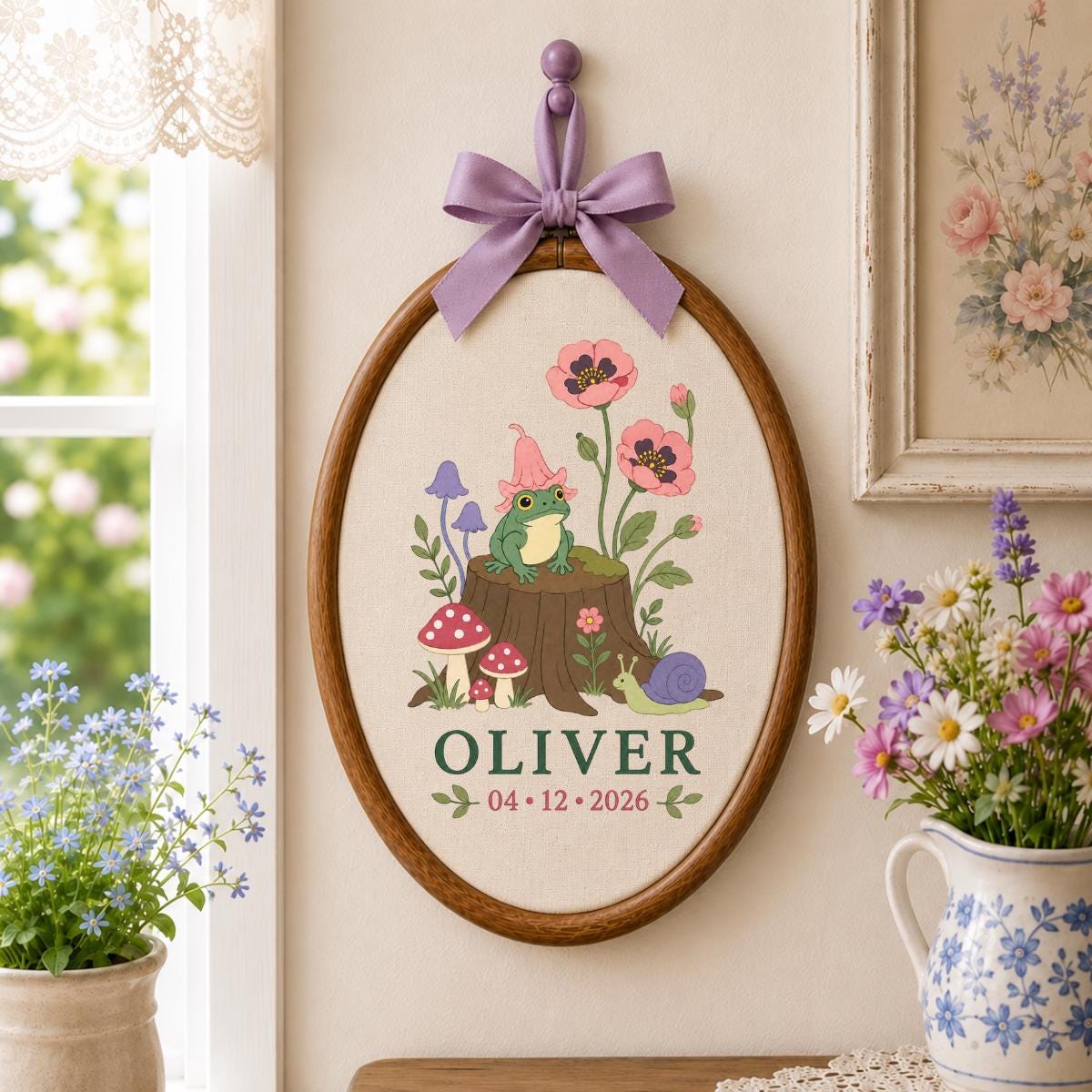 Personalized Frog Embroidery Hoop, Oliver Witch Hat Wall Hanging, Mushroom and Snail Woodland Decor, Custom Name Date Gift