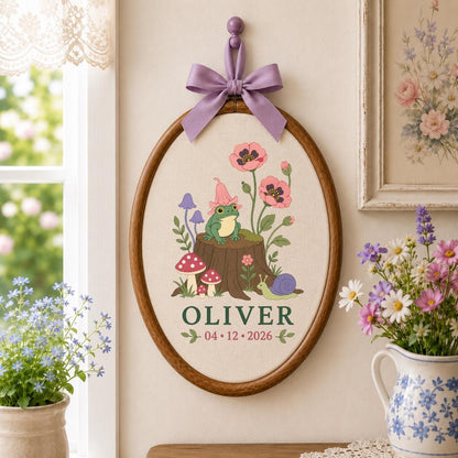 Personalized Frog Embroidery Hoop, Oliver Witch Hat Wall Hanging, Mushroom and Snail Woodland Decor, Custom Name Date Gift