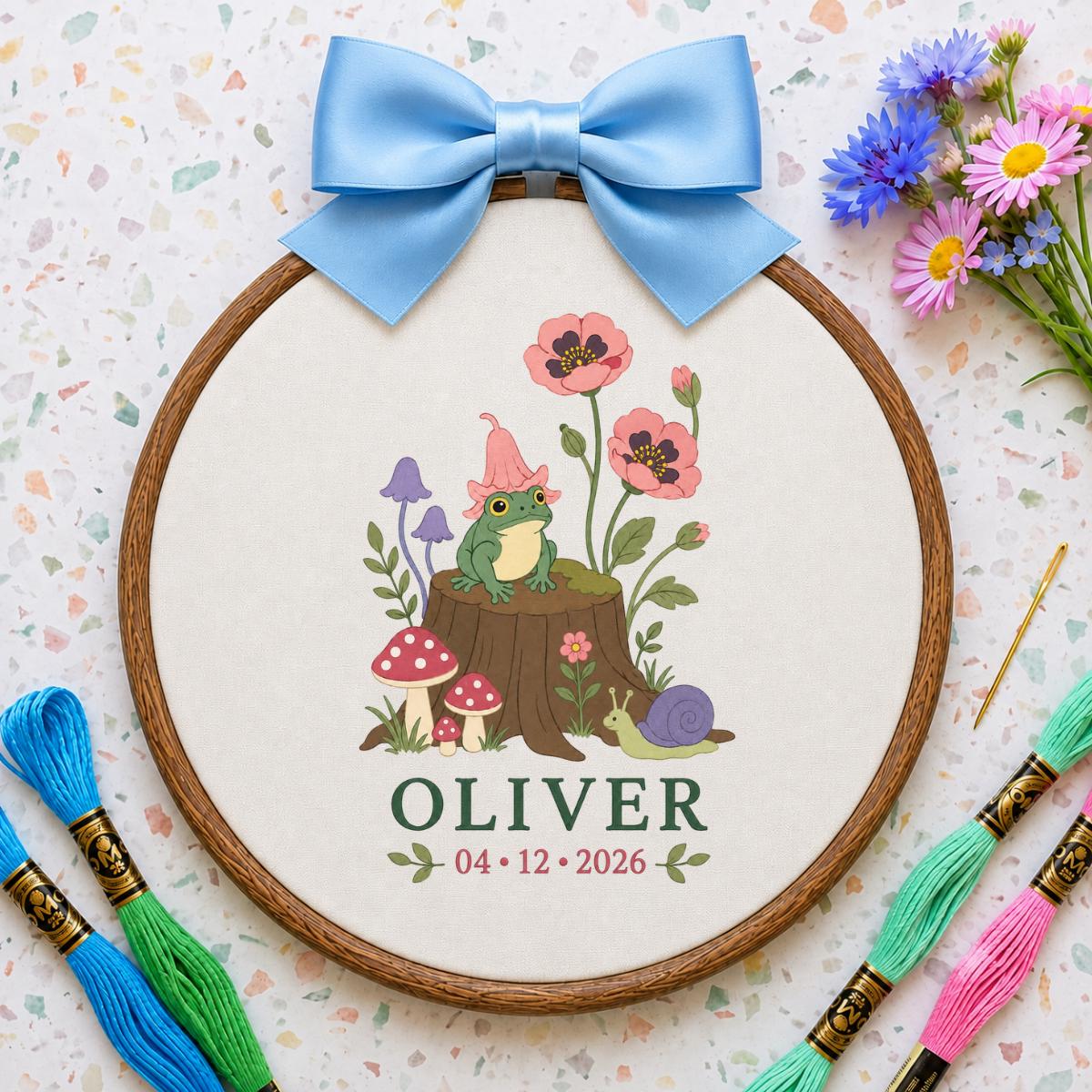 Personalized Frog Embroidery Hoop, Oliver Witch Hat Wall Hanging, Mushroom and Snail Woodland Decor, Custom Name Date Gift