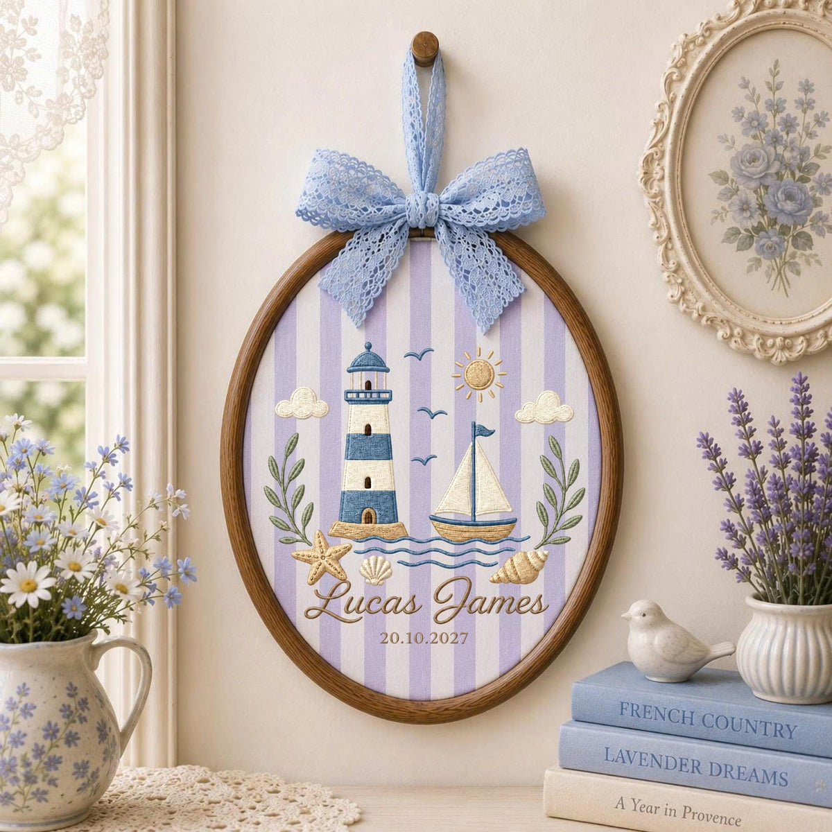 Personalized Lighthouse Embroidered Ornament, Custom Baby Boy Name Hoop, Nautical Nursery Decor, Sailboat Ocean Keepsake, Coastal Baby Gift