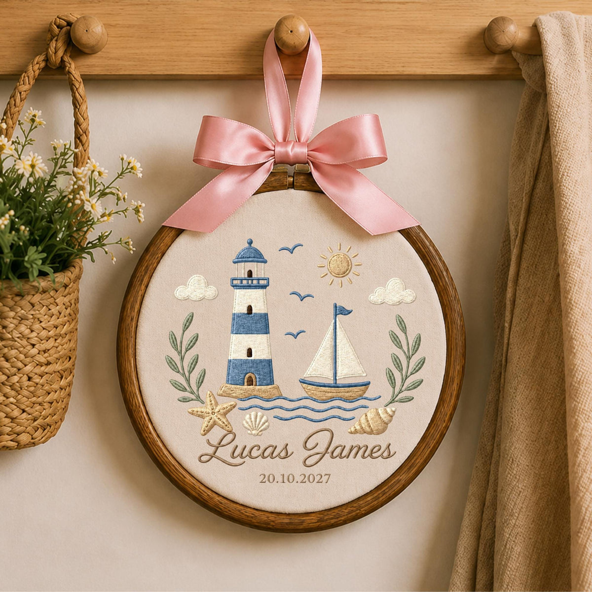 Personalized Lighthouse Embroidered Ornament, Custom Baby Boy Name Hoop, Nautical Nursery Decor, Sailboat Ocean Keepsake, Coastal Baby Gift