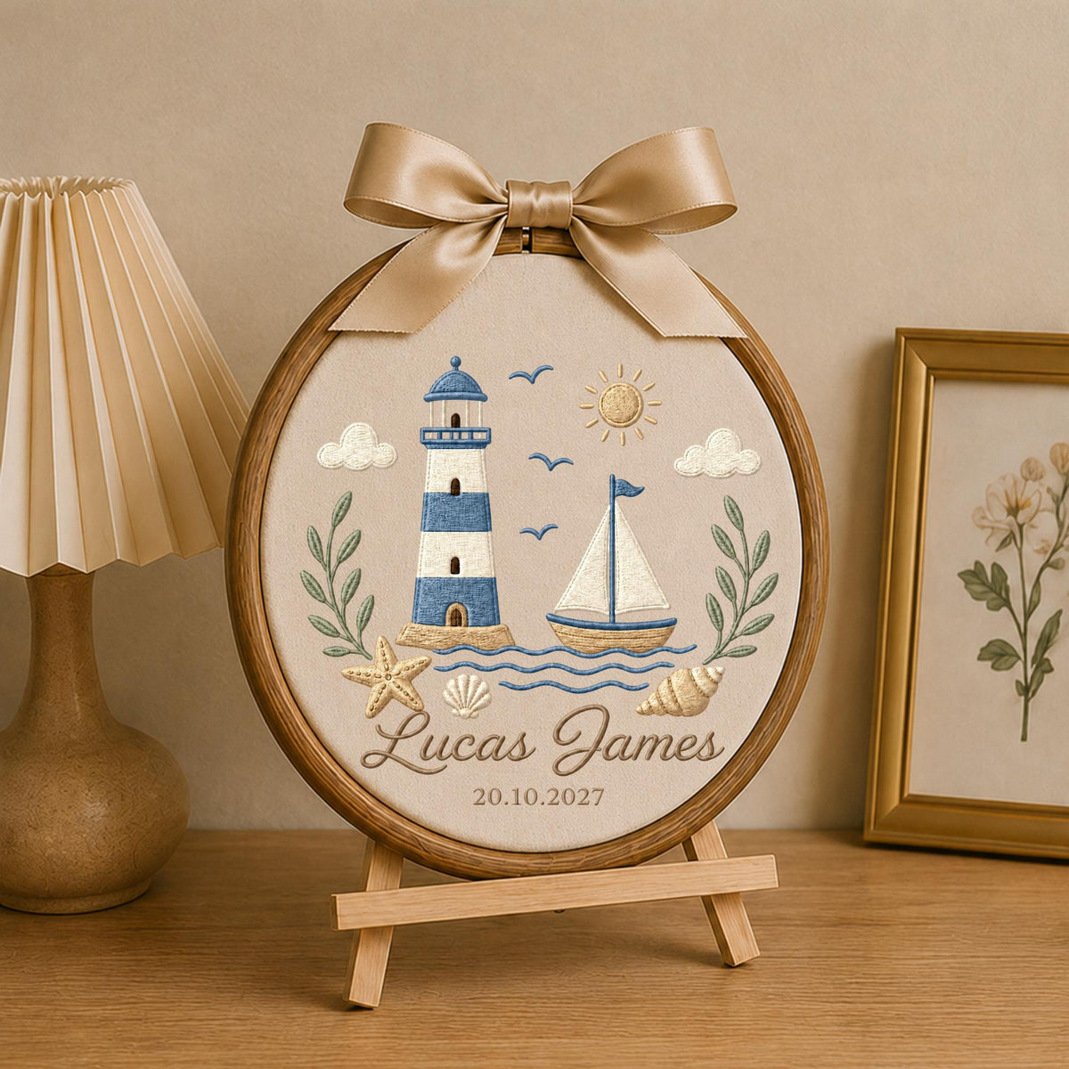 Personalized Lighthouse Embroidered Ornament, Custom Baby Boy Name Hoop, Nautical Nursery Decor, Sailboat Ocean Keepsake, Coastal Baby Gift