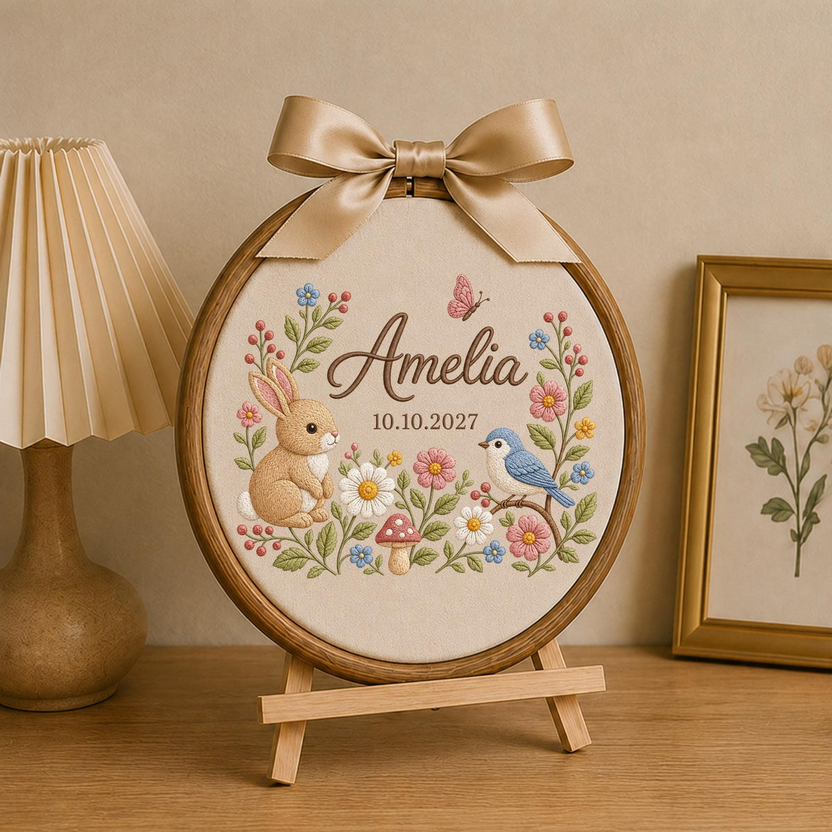 Personalized Bunny Baby Embroidered Ornament, Custom Baby Name Floral Hoop, Woodland Nursery Decor, Rabbit & Bird Keepsake, Baby Shower Gift