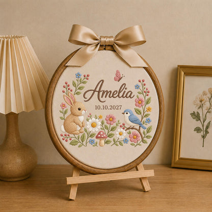 Personalized Bunny Baby Embroidered Ornament, Custom Baby Name Floral Hoop, Woodland Nursery Decor, Rabbit & Bird Keepsake, Baby Shower Gift