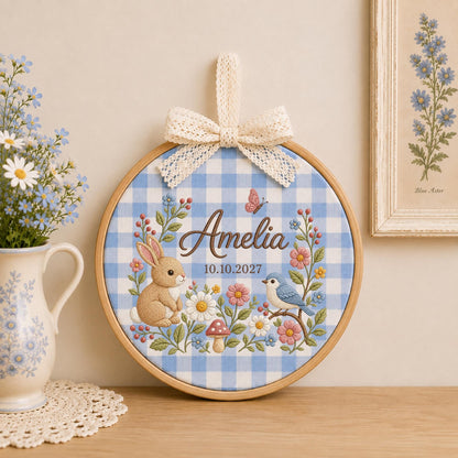 Personalized Bunny Baby Embroidered Ornament, Custom Baby Name Floral Hoop, Woodland Nursery Decor, Rabbit & Bird Keepsake, Baby Shower Gift