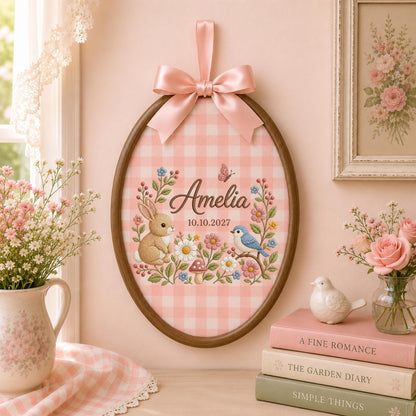 Personalized Bunny Baby Embroidered Ornament, Custom Baby Name Floral Hoop, Woodland Nursery Decor, Rabbit & Bird Keepsake, Baby Shower Gift