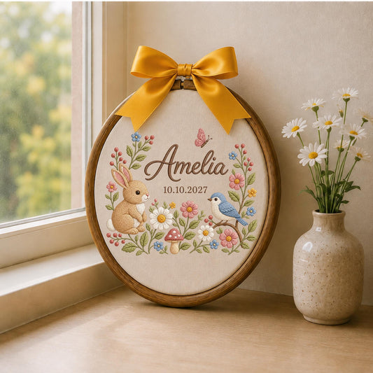Personalized Bunny Baby Embroidered Ornament, Custom Baby Name Floral Hoop, Woodland Nursery Decor, Rabbit & Bird Keepsake, Baby Shower Gift