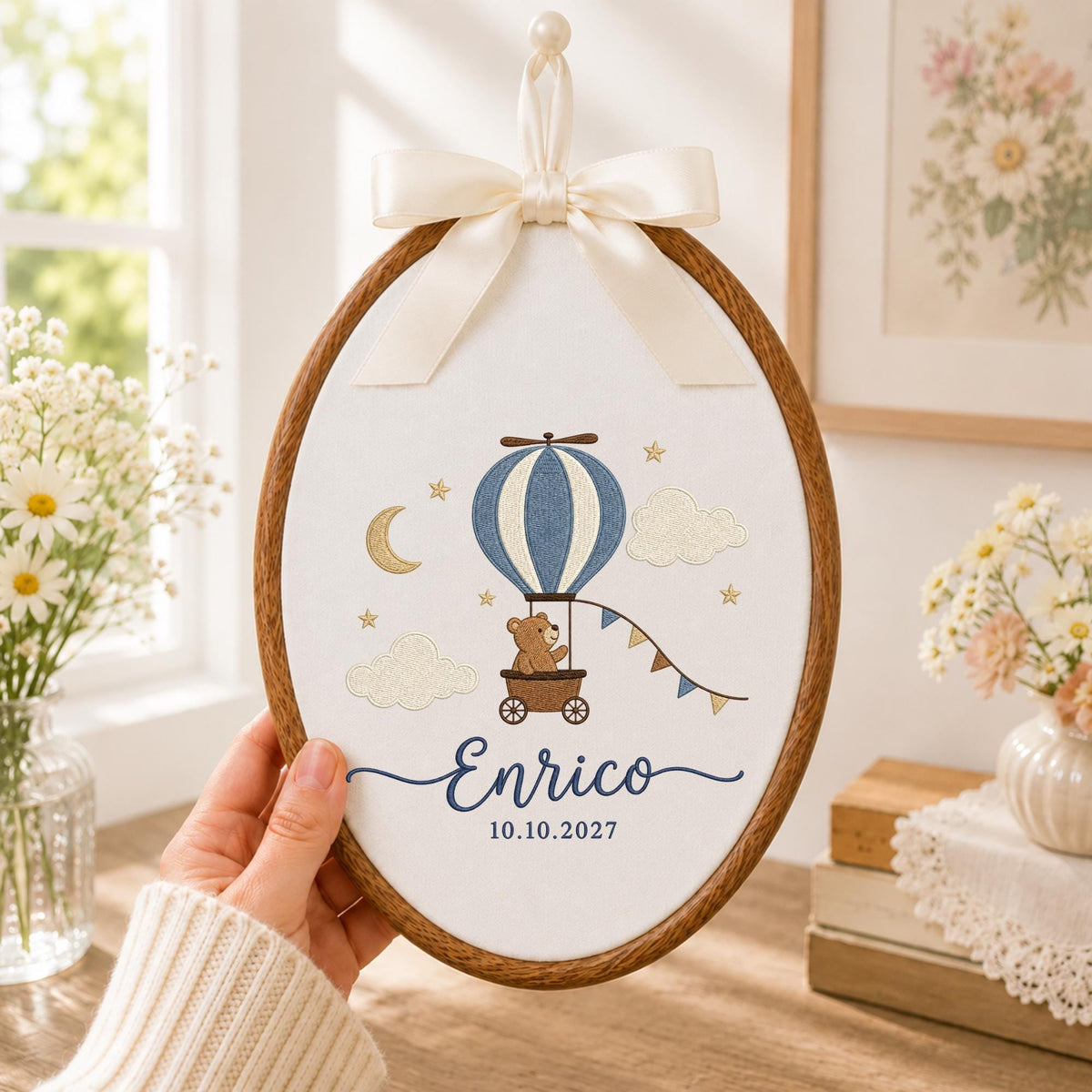 Personalized Hot Air Balloon Embroidered Ornament, Custom Baby Boy Name Hoop, Teddy Bear Nursery Decor, Newborn Keepsake, Baby Shower Gift