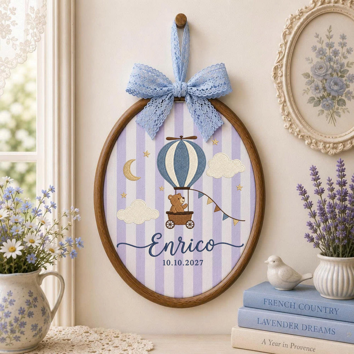 Personalized Hot Air Balloon Embroidered Ornament, Custom Baby Boy Name Hoop, Teddy Bear Nursery Decor, Newborn Keepsake, Baby Shower Gift