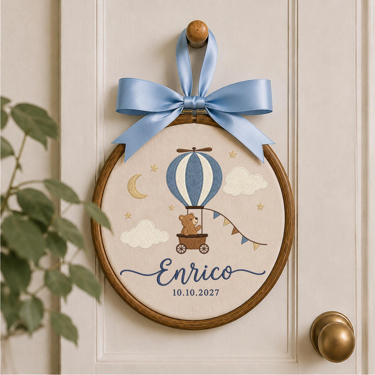 Personalized Hot Air Balloon Embroidered Ornament, Custom Baby Boy Name Hoop, Teddy Bear Nursery Decor, Newborn Keepsake, Baby Shower Gift