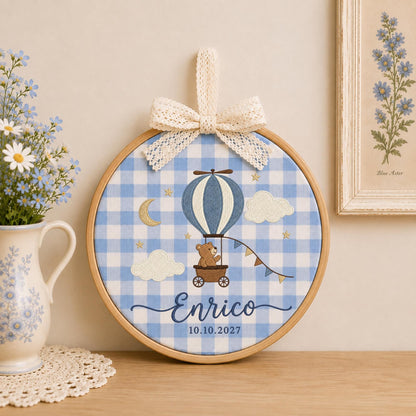 Personalized Hot Air Balloon Embroidered Ornament, Custom Baby Boy Name Hoop, Teddy Bear Nursery Decor, Newborn Keepsake, Baby Shower Gift