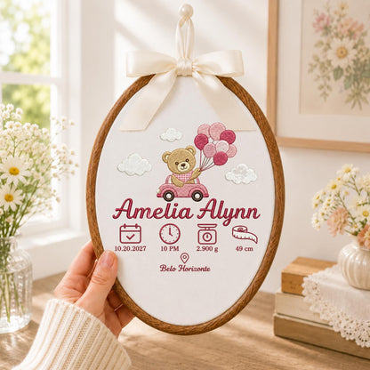 Personalized Baby Birth Stats Embroidered Ornament, Custom Teddy Bear Name Hoop, Newborn Birth Announcement, Baby Girl Keepsake Gift