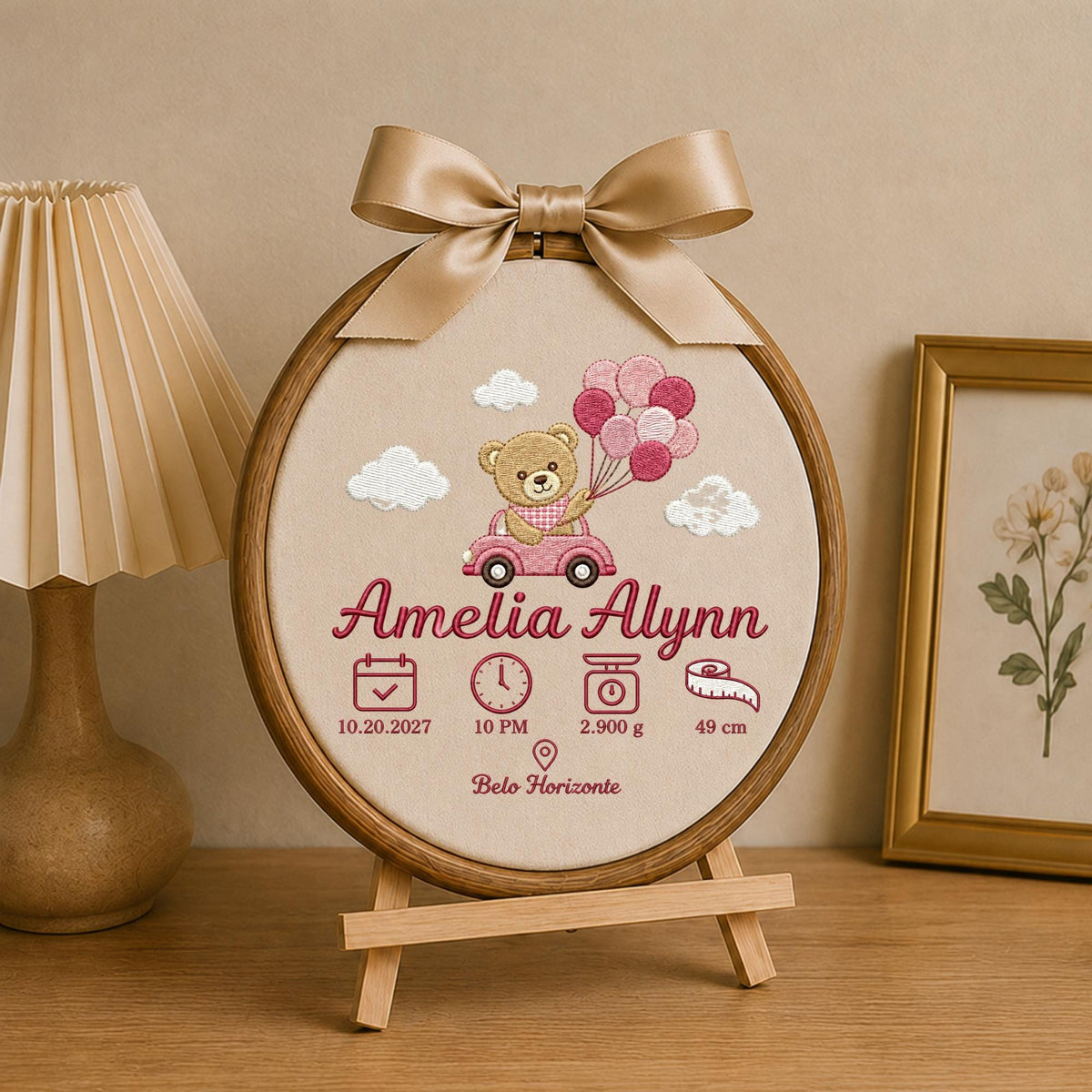 Personalized Baby Birth Stats Embroidered Ornament, Custom Teddy Bear Name Hoop, Newborn Birth Announcement, Baby Girl Keepsake Gift
