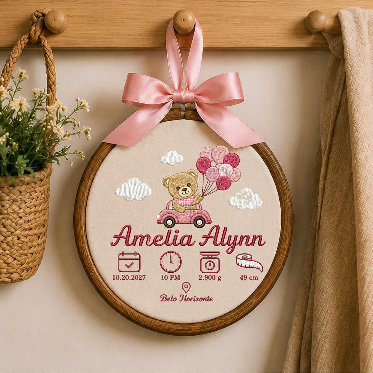 Personalized Baby Birth Stats Embroidered Ornament, Custom Teddy Bear Name Hoop, Newborn Birth Announcement, Baby Girl Keepsake Gift