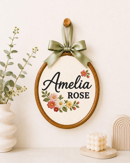 Personalized Floral Name Embroidered Ornament, Custom Baby Name Hoop, Wildflower Nursery Decor, Baby Girl Gift, Personalized Name Keepsake