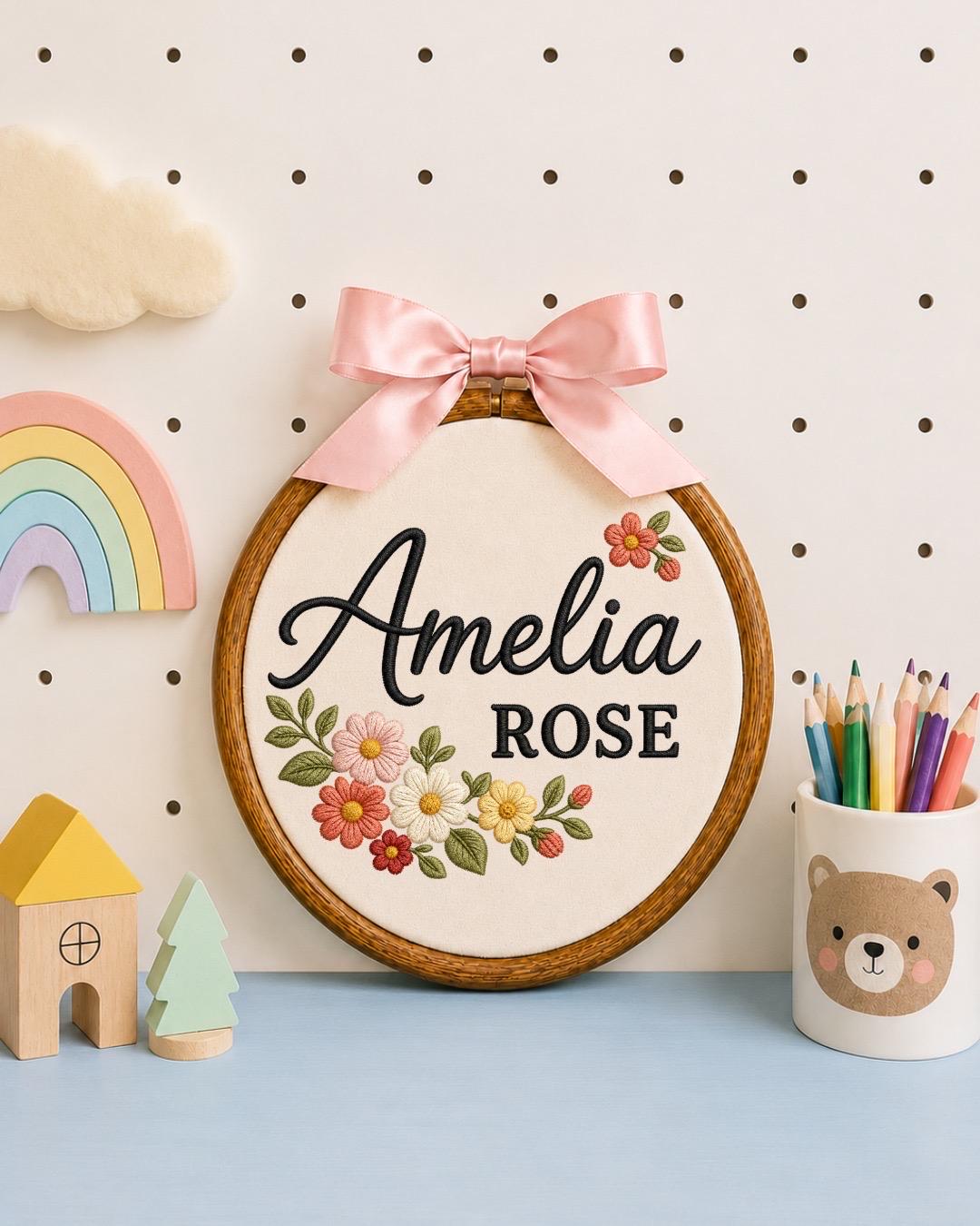 Personalized Floral Name Embroidered Ornament, Custom Baby Name Hoop, Wildflower Nursery Decor, Baby Girl Gift, Personalized Name Keepsake