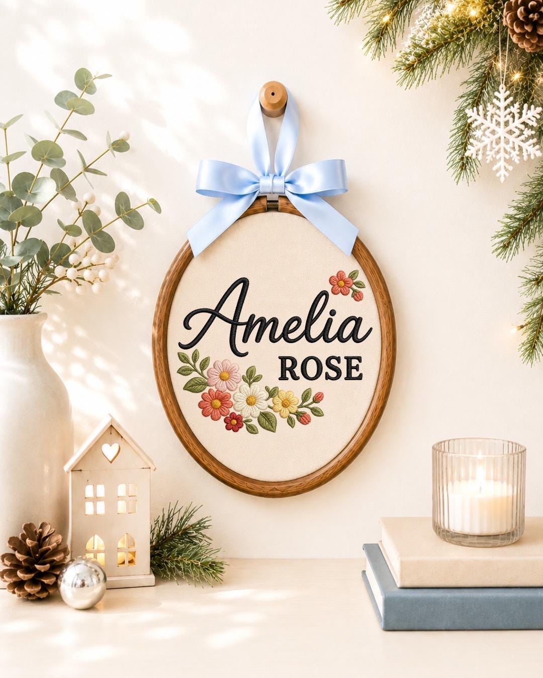 Personalized Floral Name Embroidered Ornament, Custom Baby Name Hoop, Wildflower Nursery Decor, Baby Girl Gift, Personalized Name Keepsake