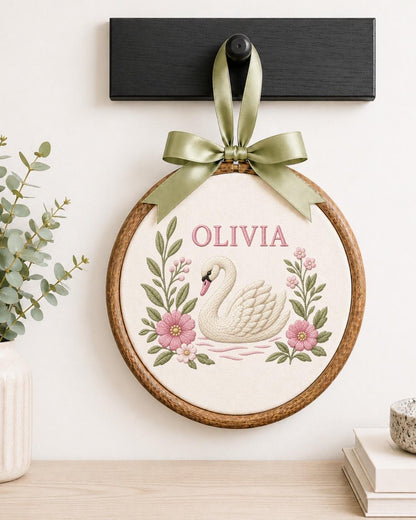 Personalized Swan Baby Embroidered Ornament, Custom Baby Name Hoop, Floral Nursery Decor, Baby Girl Gift, Newborn Keepsake