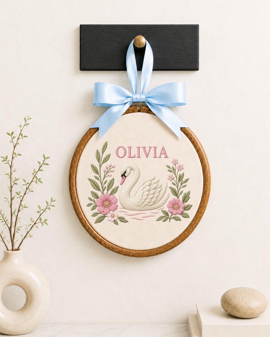 Personalized Swan Baby Embroidered Ornament, Custom Baby Name Hoop, Floral Nursery Decor, Baby Girl Gift, Newborn Keepsake