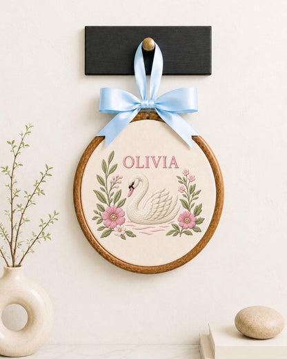 Personalized Swan Baby Embroidered Ornament, Custom Baby Name Hoop, Floral Nursery Decor, Baby Girl Gift, Newborn Keepsake