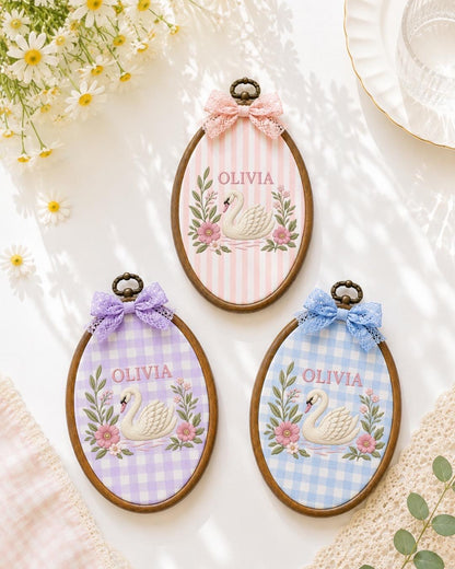 Personalized Swan Baby Embroidered Ornament, Custom Baby Name Hoop, Floral Nursery Decor, Baby Girl Gift, Newborn Keepsake
