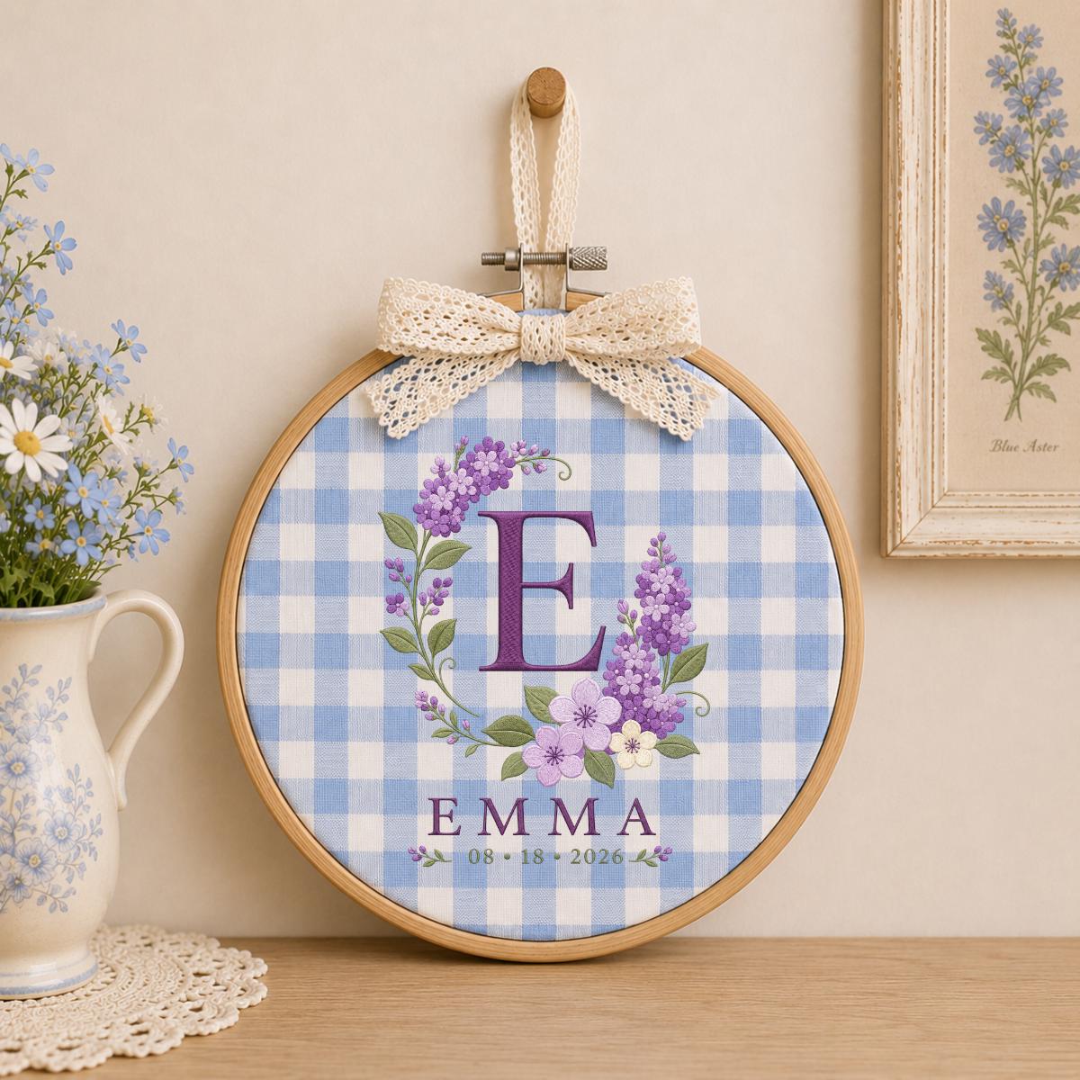 Personalized Floral Monogram Hoop, Emma Initial E Ornament, Purple Flower Embroidery Wall Hanging, Custom Name Date Gift