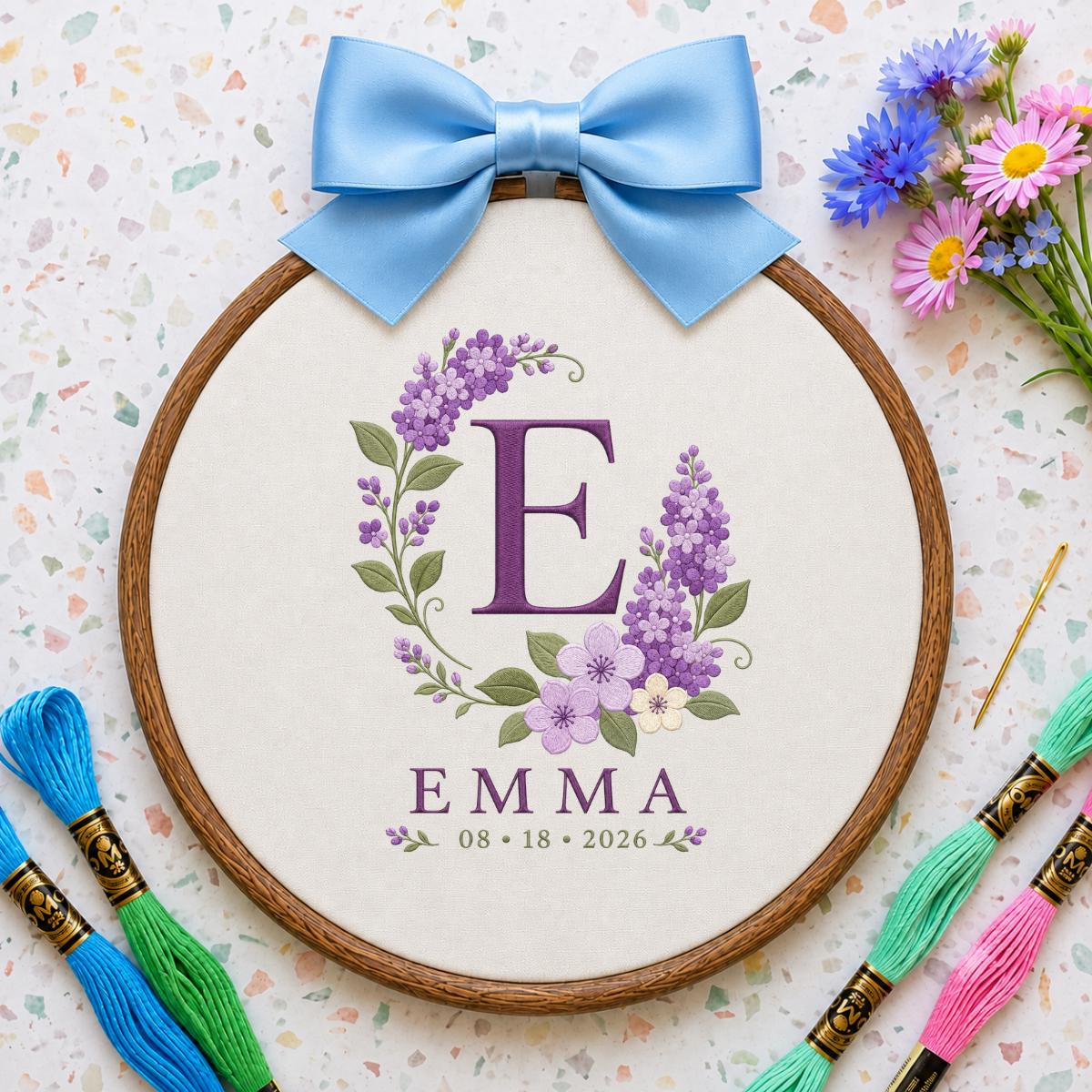 Personalized Floral Monogram Hoop, Emma Initial E Ornament, Purple Flower Embroidery Wall Hanging, Custom Name Date Gift